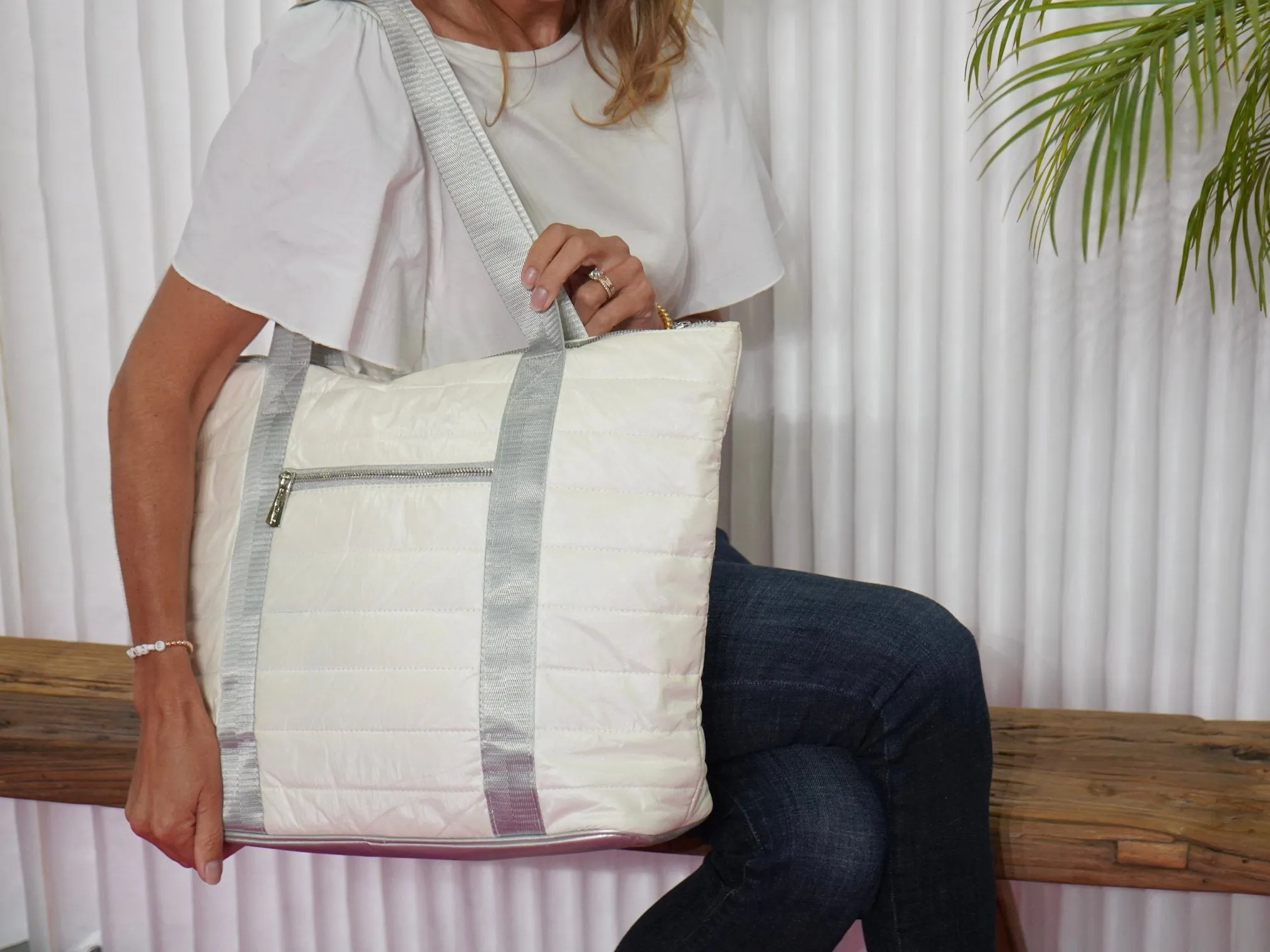 Puffer Tote Bag with Zipper Pockets in Shimmer White