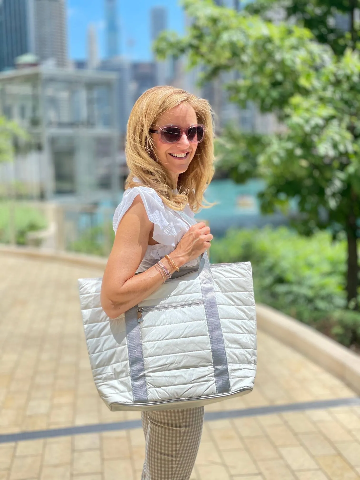 Puffer Tote Bag with Zipper Pockets in Shimmer White