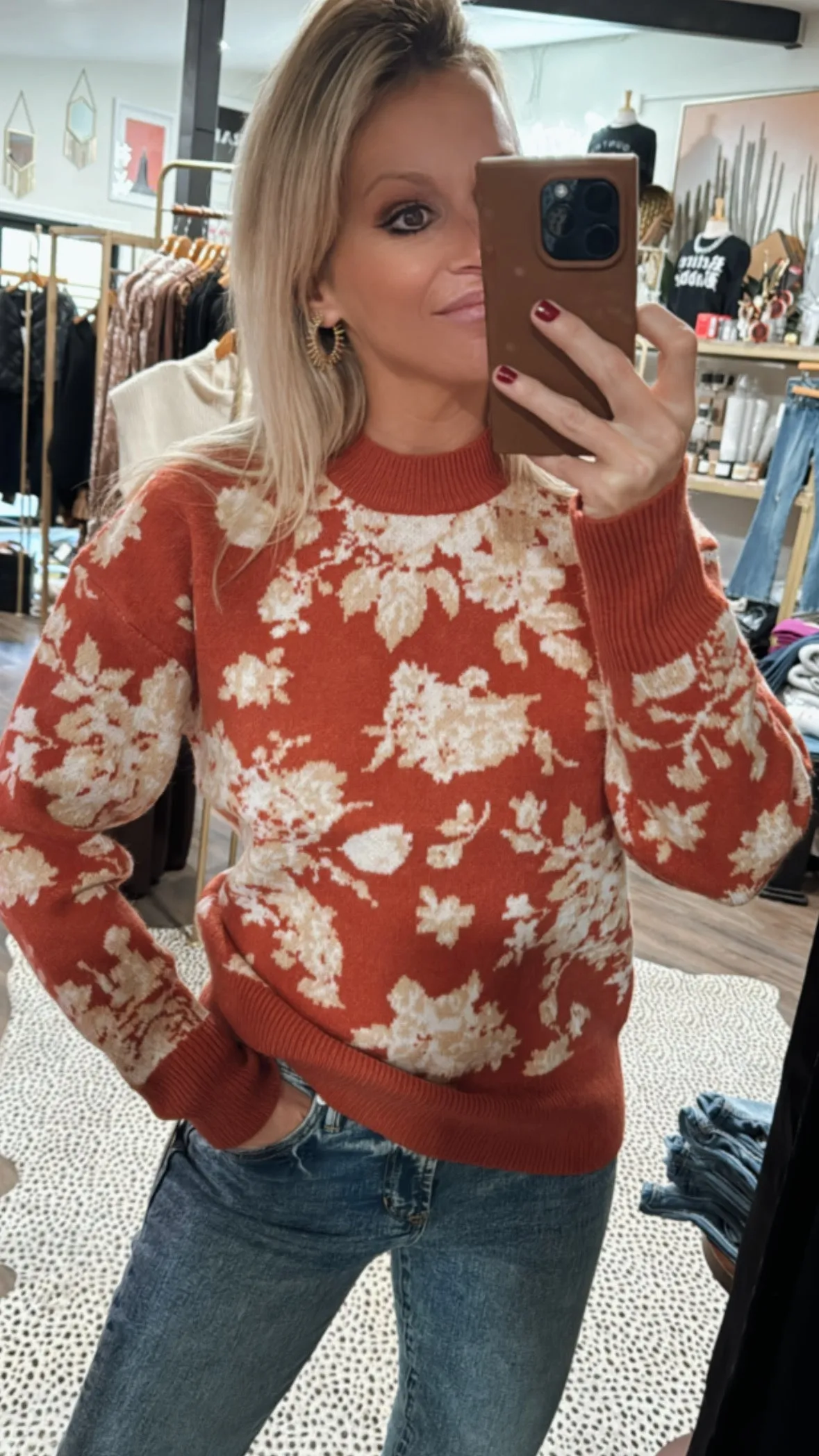 Refined Floral Crew Neck Sweater in Brick