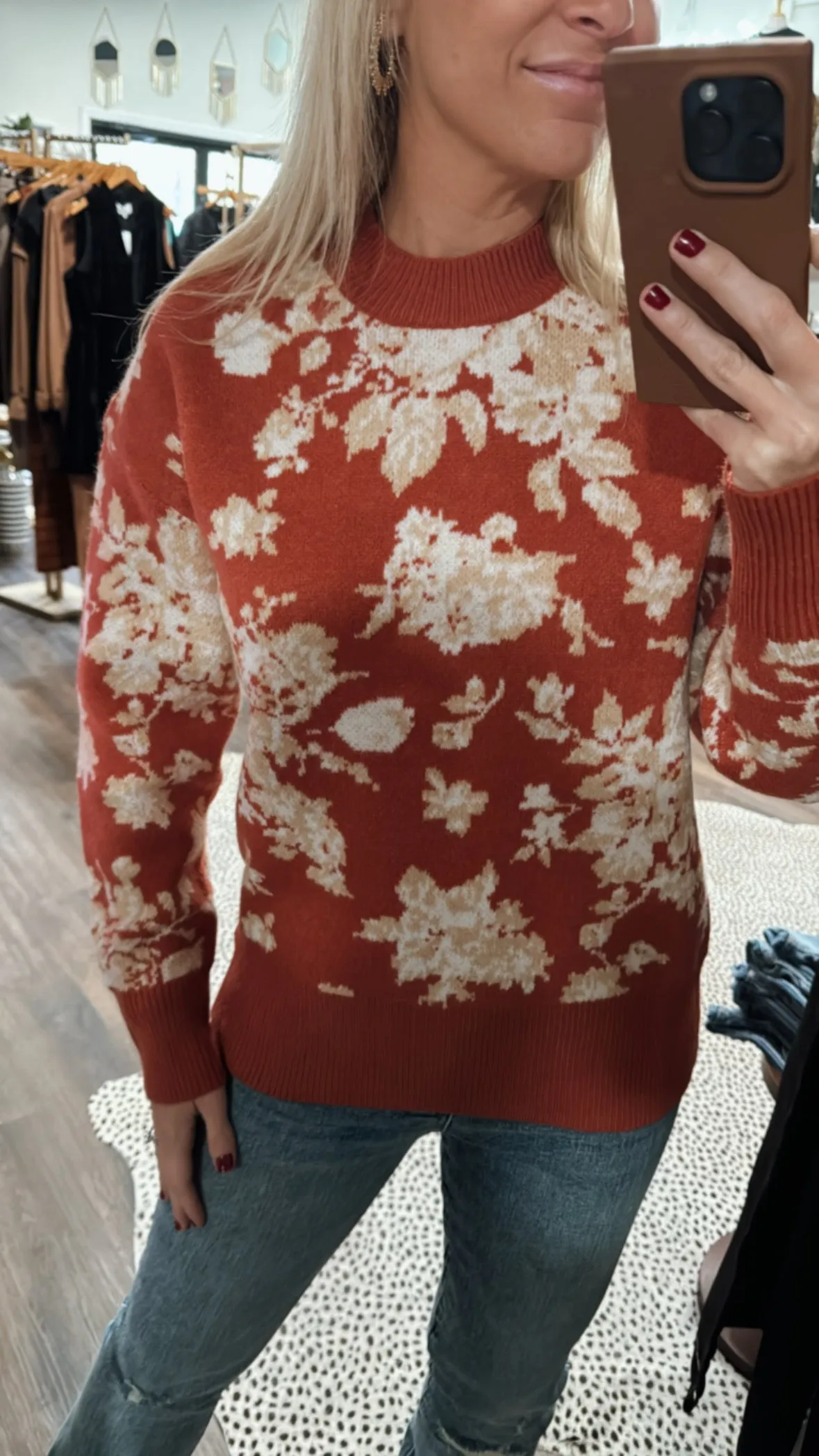 Refined Floral Crew Neck Sweater in Brick