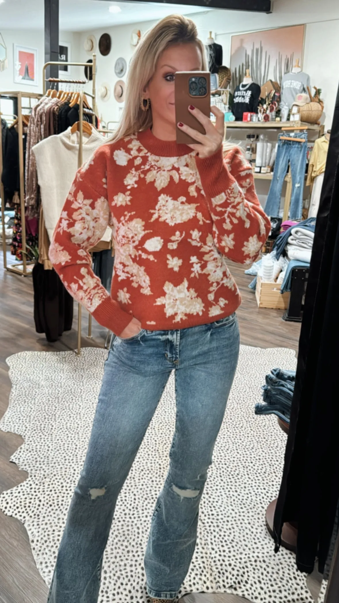 Refined Floral Crew Neck Sweater in Brick