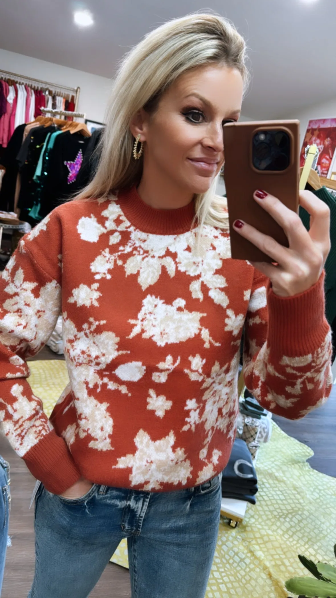 Refined Floral Crew Neck Sweater in Brick