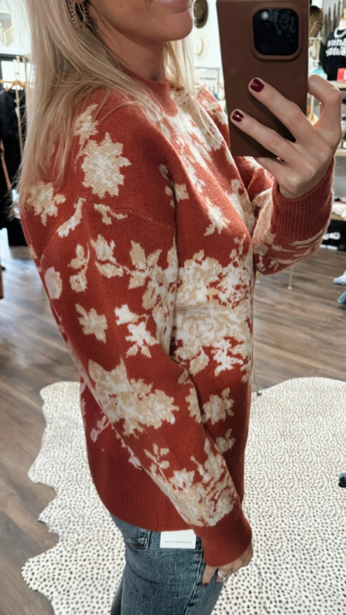 Refined Floral Crew Neck Sweater in Brick