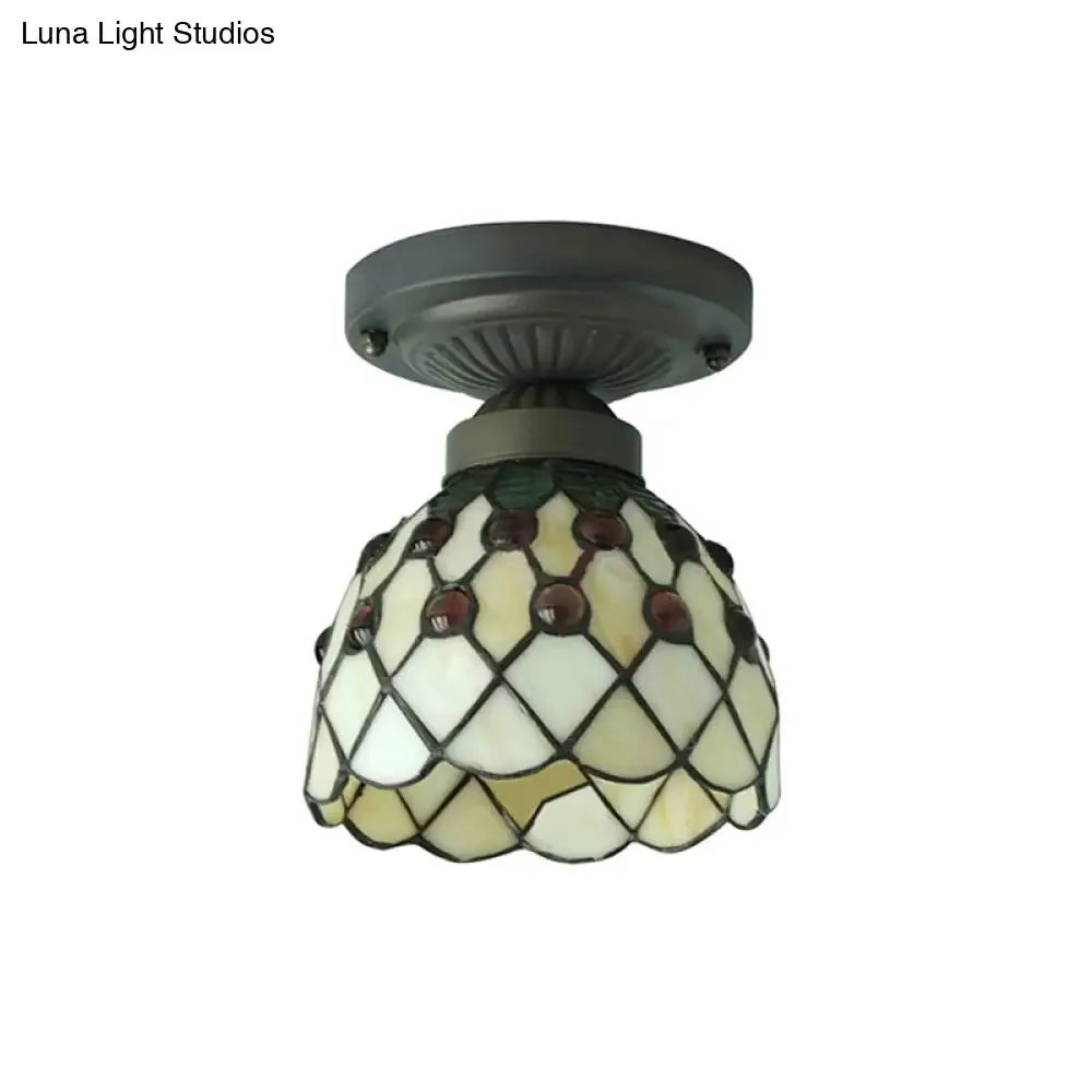 Retro Style Purple/Beige Glass Ceiling Light Fixture with Jewel Pattern - Cup Shade Semi Flush Mount