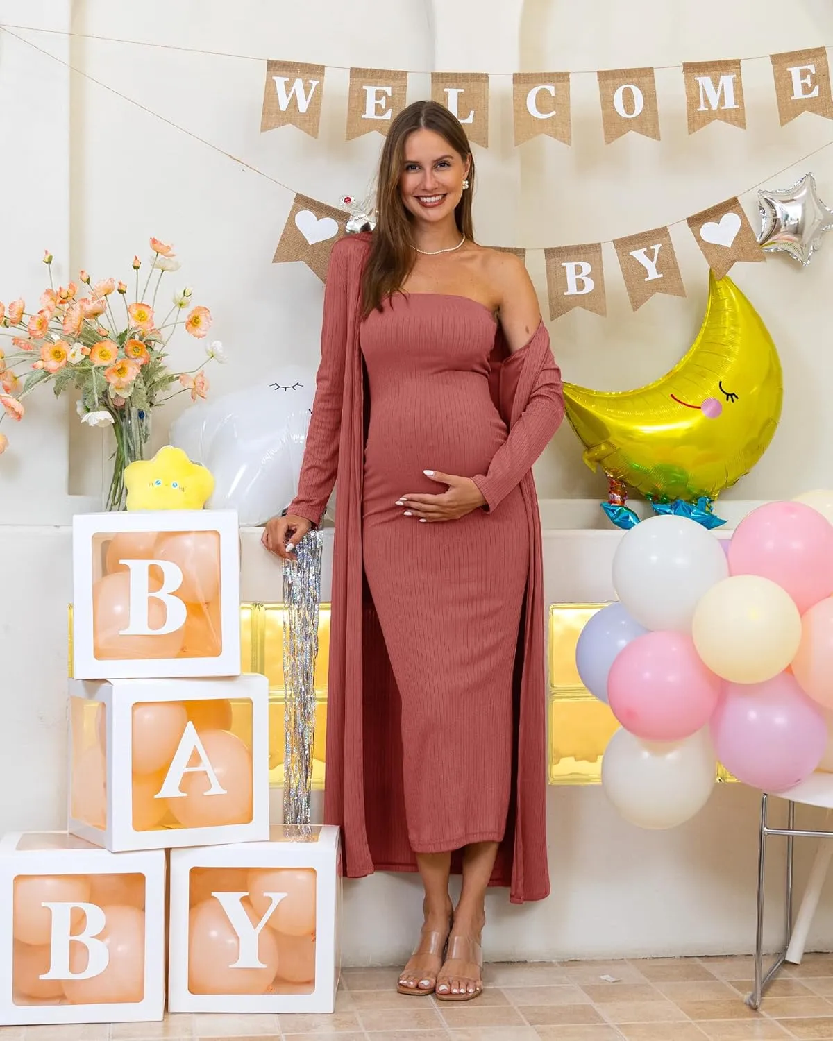 Rnxrbb 2 Piece Maternity Dress Cardigan Baby Shower Wedding Guest Summer Gender Reveal Photoshoot Tube Maternity Dress Long