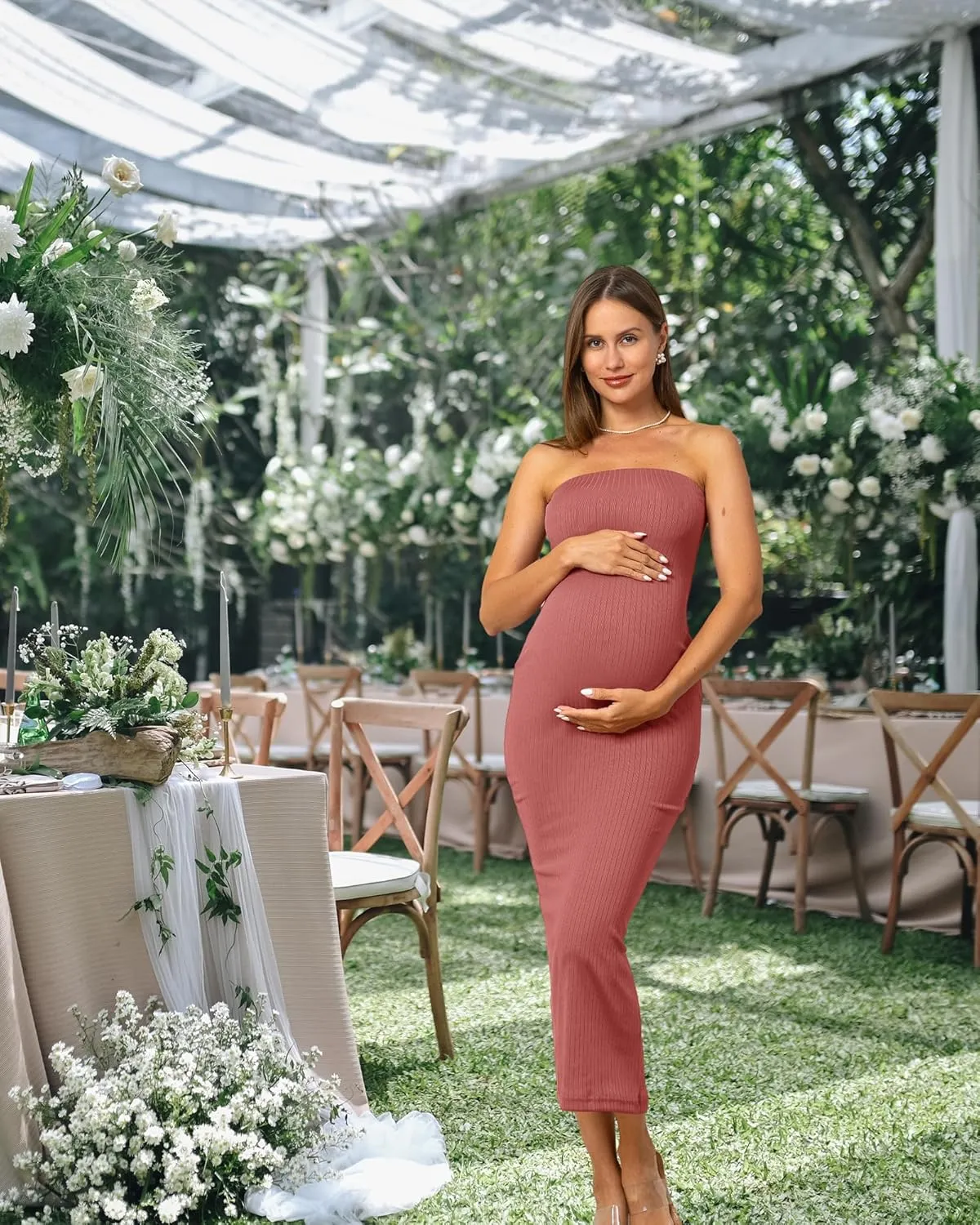 Rnxrbb 2 Piece Maternity Dress Cardigan Baby Shower Wedding Guest Summer Gender Reveal Photoshoot Tube Maternity Dress Long