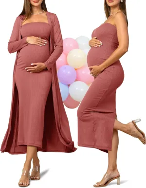 Rnxrbb 2 Piece Maternity Dress Cardigan Baby Shower Wedding Guest Summer Gender Reveal Photoshoot Tube Maternity Dress Long