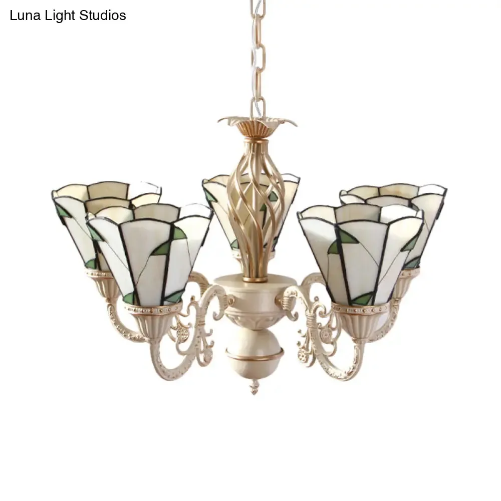 Rustic Green Leaf Chandelier with Beige Glass - 5-Light Hanging Ceiling Fixture for Hall