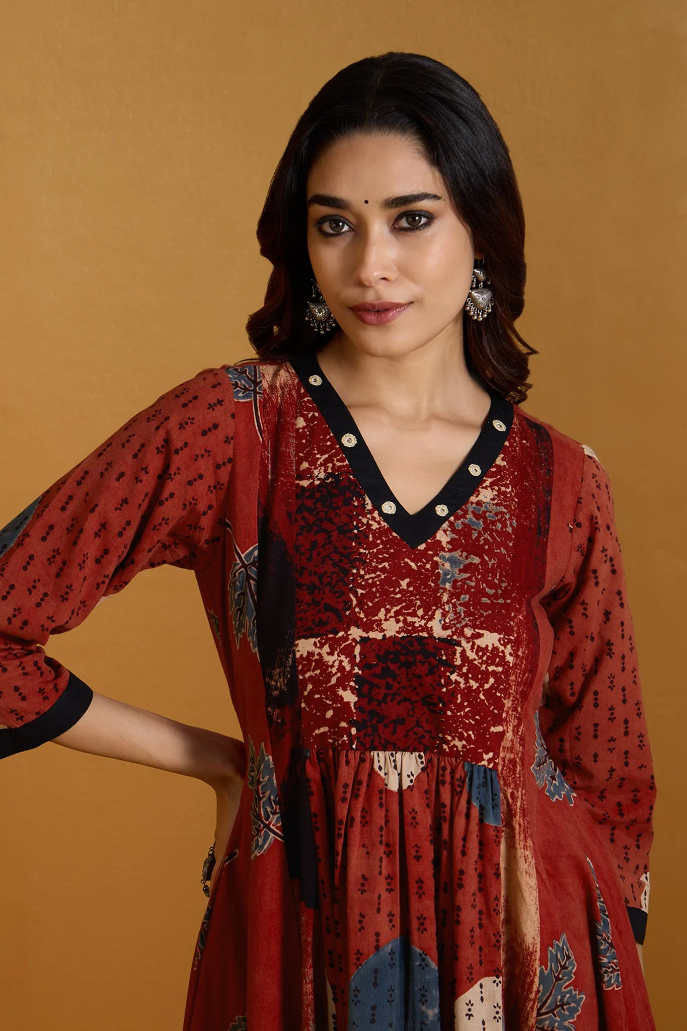Scarlet Circle & Leaf Dance V-neck Panel Anarkali
