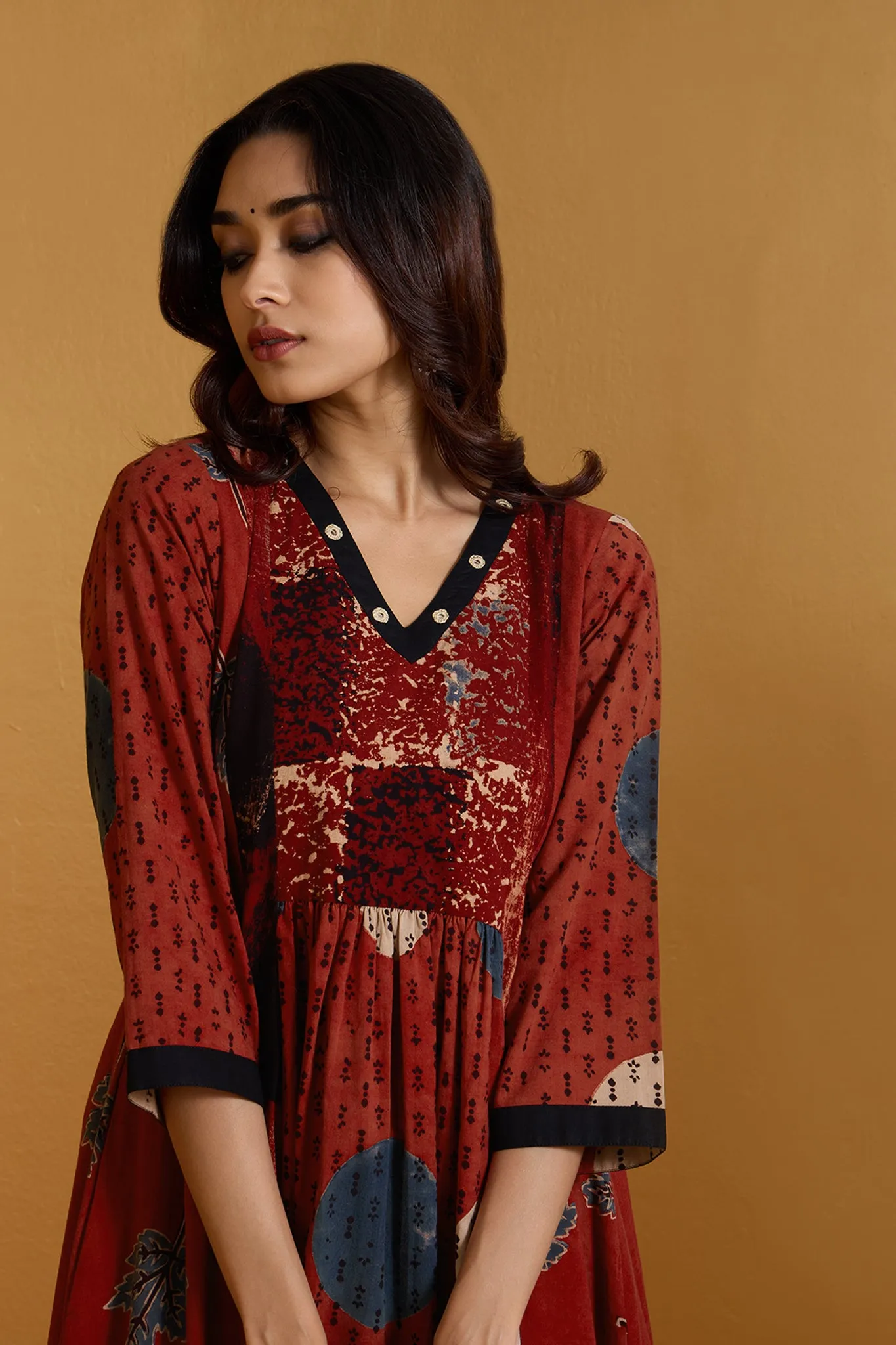 Scarlet Circle & Leaf Dance V-neck Panel Anarkali