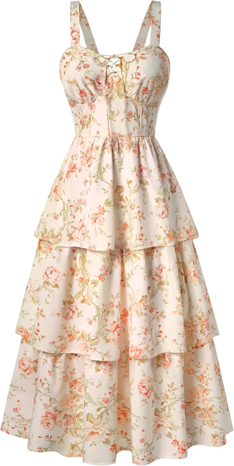 Scarlet Darkness Women's Floral Maxi Dress Summer Wedding Guest Dress Tiered Sleeveless Lace Up Corset Sundress