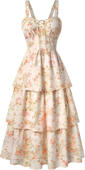 Scarlet Darkness Women's Floral Maxi Dress Summer Wedding Guest Dress Tiered Sleeveless Lace Up Corset Sundress