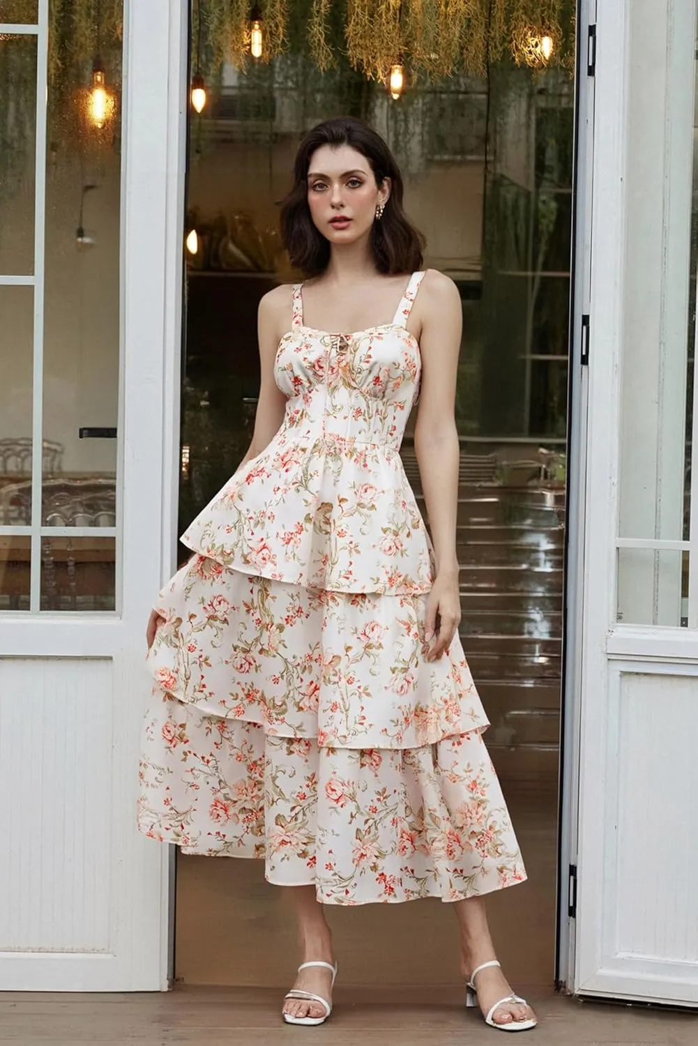 Scarlet Darkness Women's Floral Maxi Dress Summer Wedding Guest Dress Tiered Sleeveless Lace Up Corset Sundress