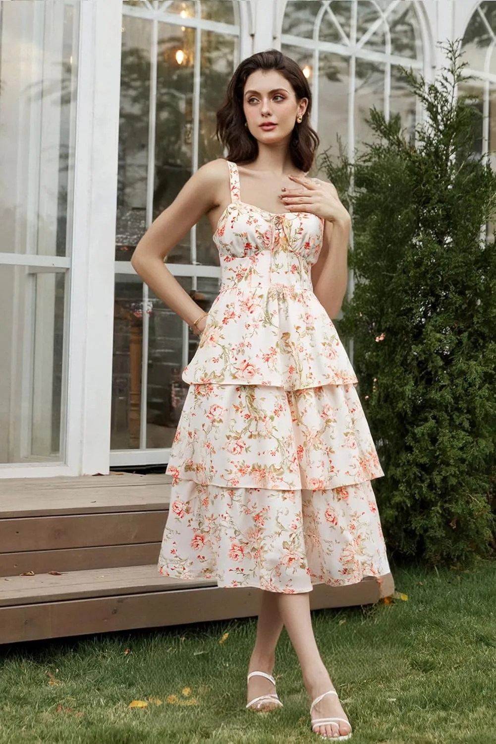 Scarlet Darkness Women's Floral Maxi Dress Summer Wedding Guest Dress Tiered Sleeveless Lace Up Corset Sundress