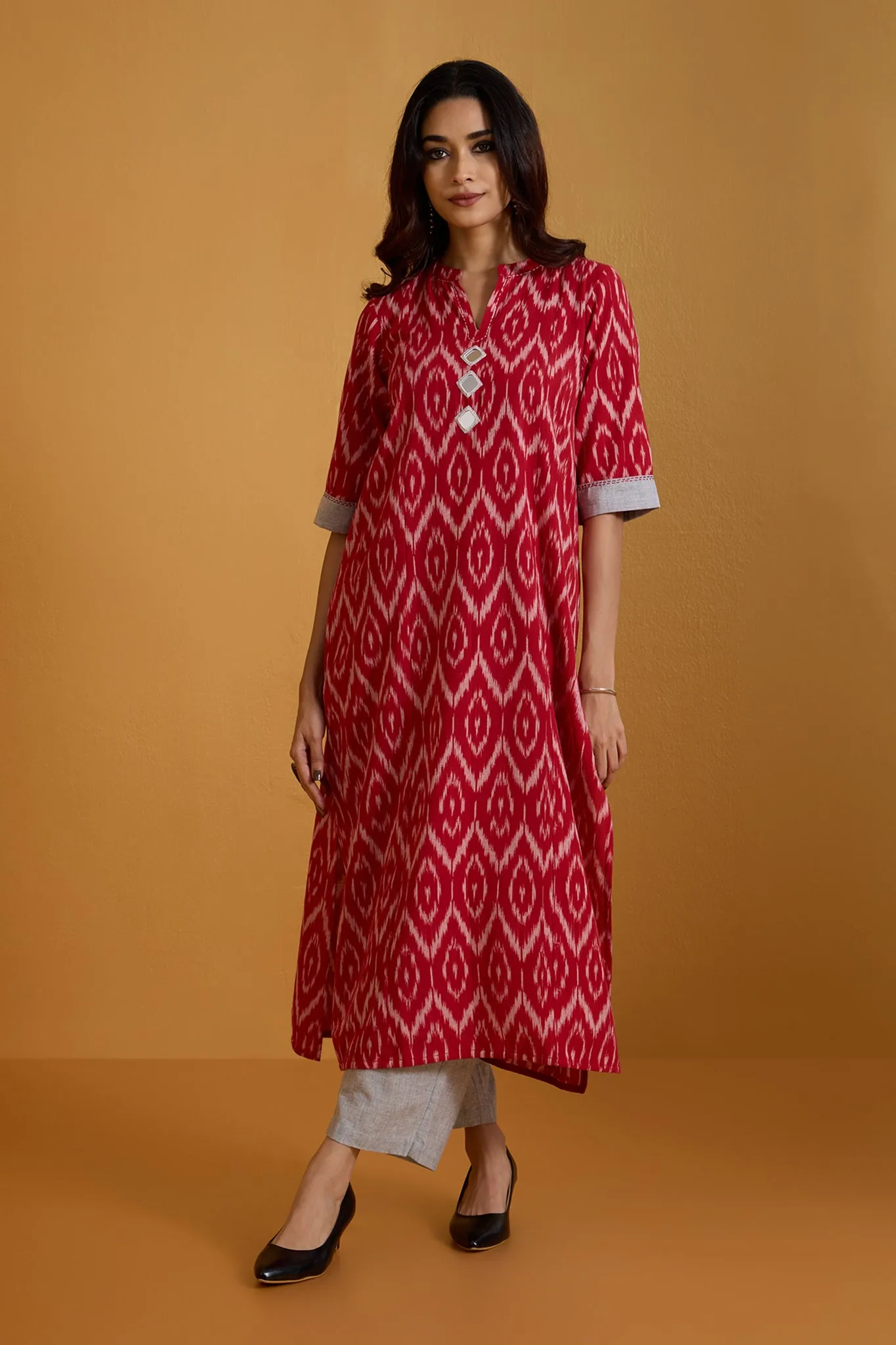 Scarlet Embers and Shadows Long Panel Kurta