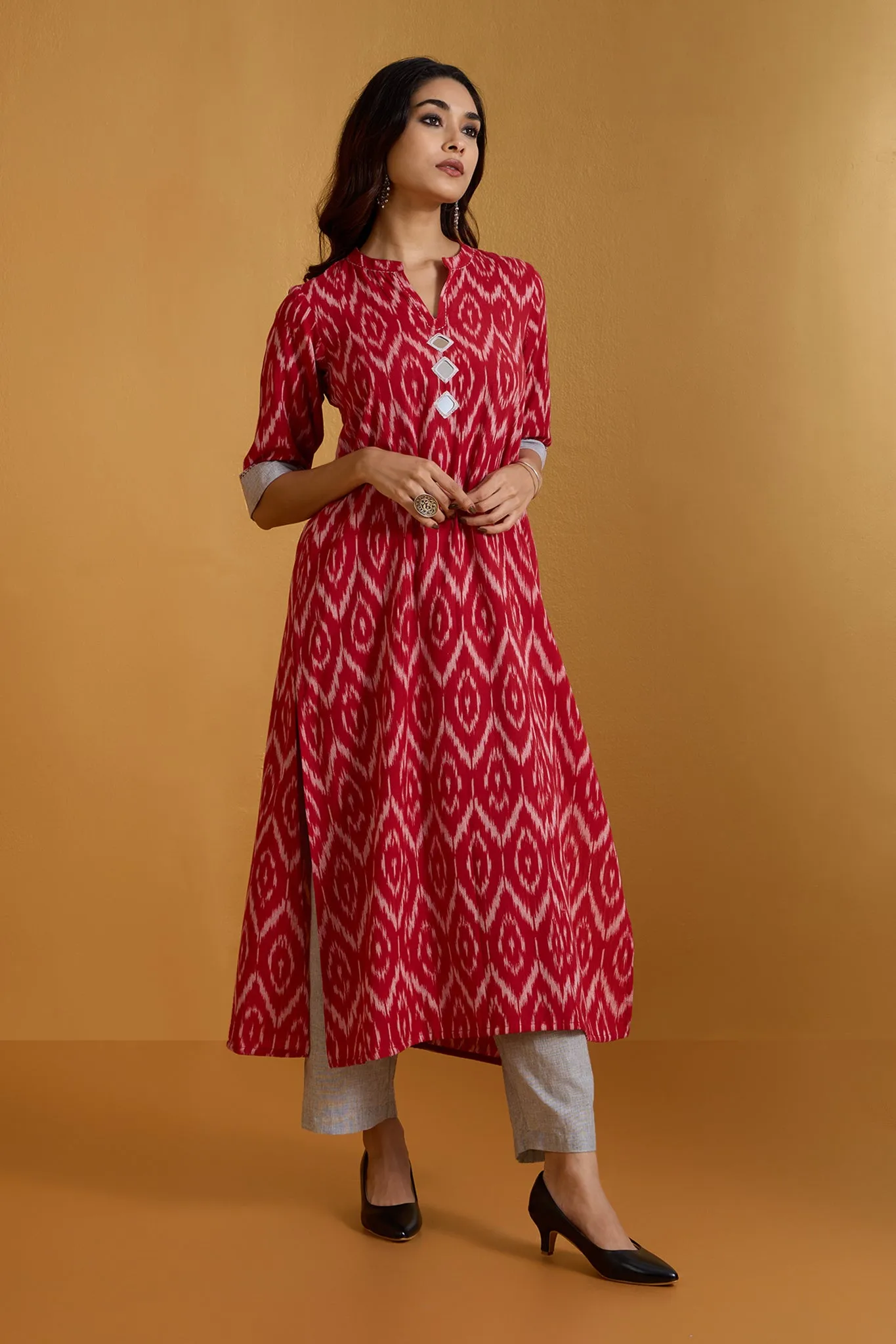 Scarlet Embers and Shadows Long Panel Kurta