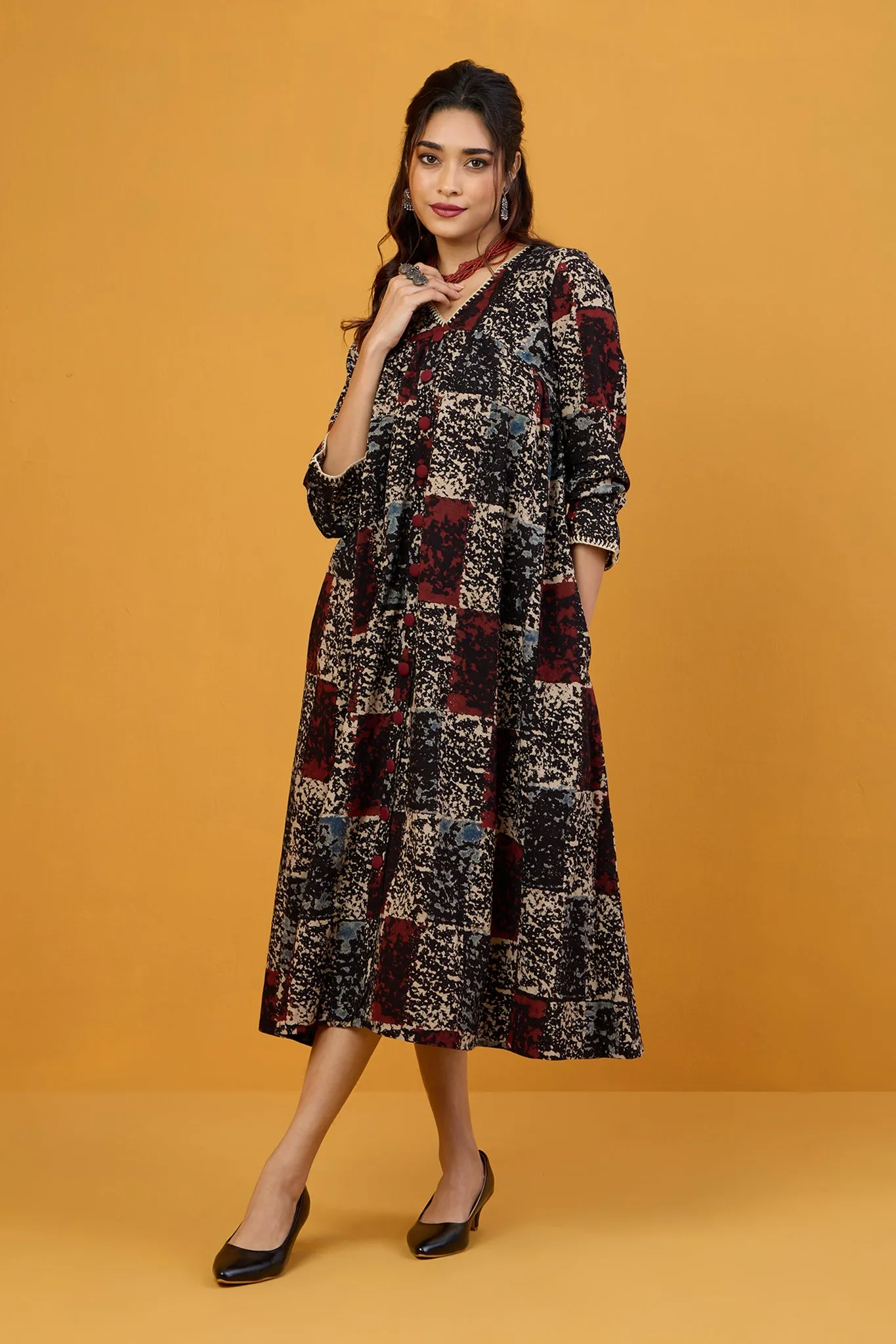 Scarlet Midnight Glow V-Neck Gather Dress with Crochet