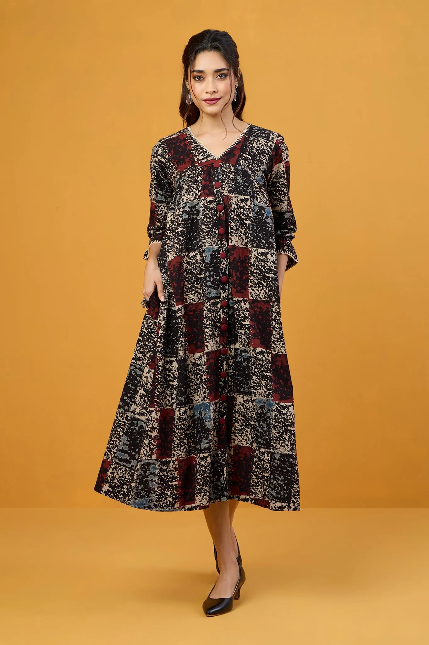 Scarlet Midnight Glow V-Neck Gather Dress with Crochet