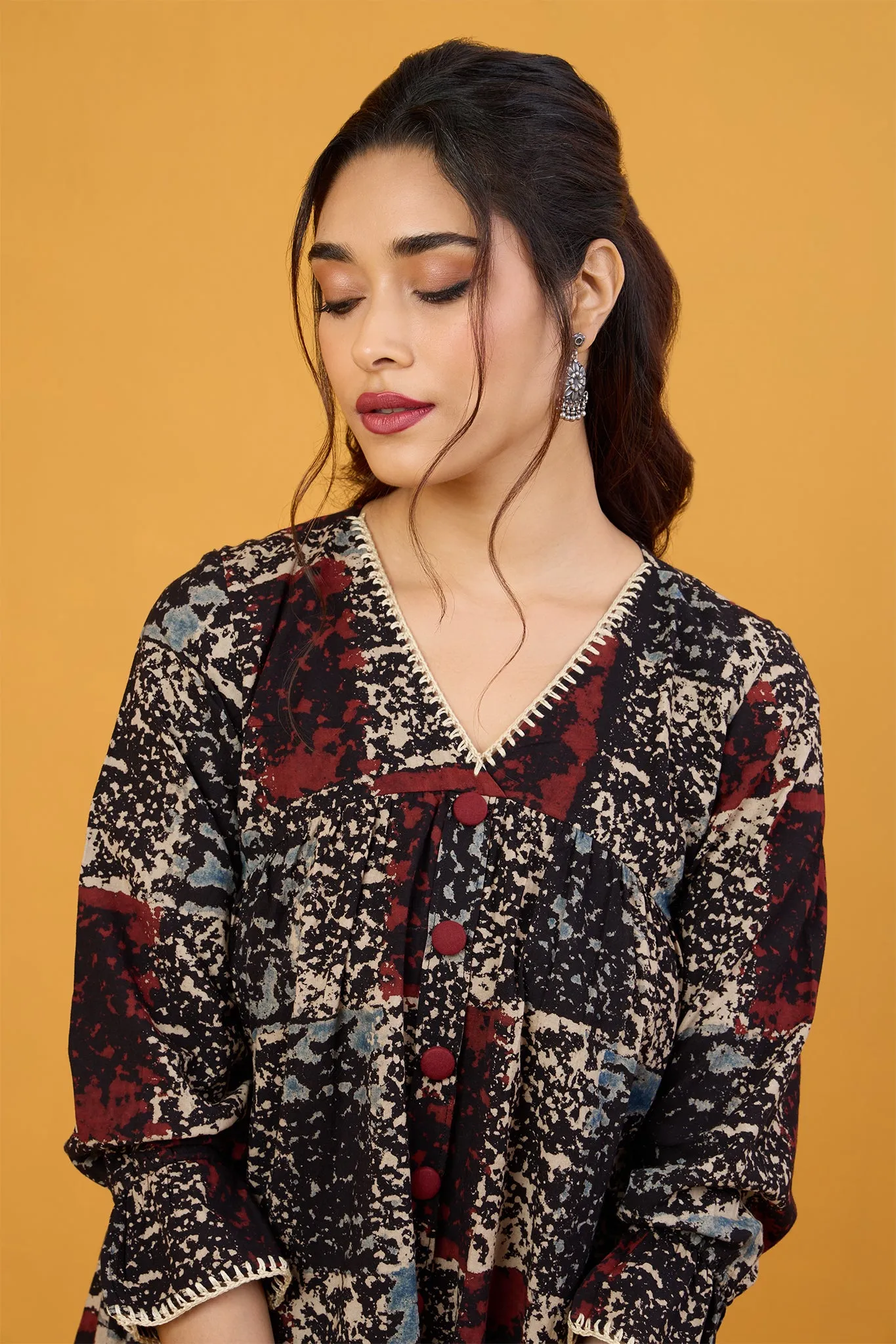 Scarlet Midnight Glow V-Neck Gather Dress with Crochet