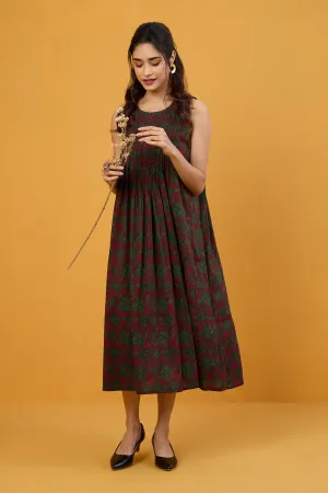 Scarlet Verdant Burst Pintuck Sleeveless Dress