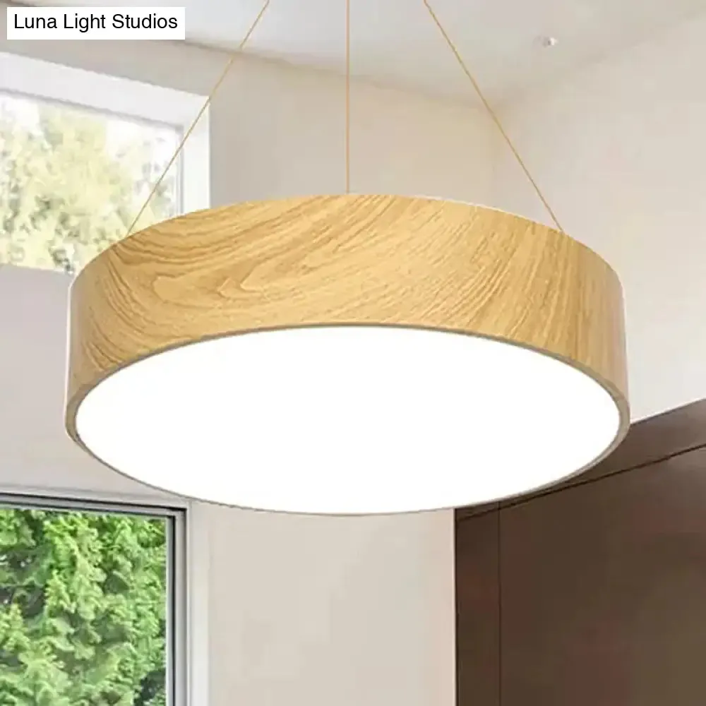 Simplicity LED Suspension Light with Wood Effect Shade, Beige Hanging Lamp - 16"/19.5"/23.5" Wide