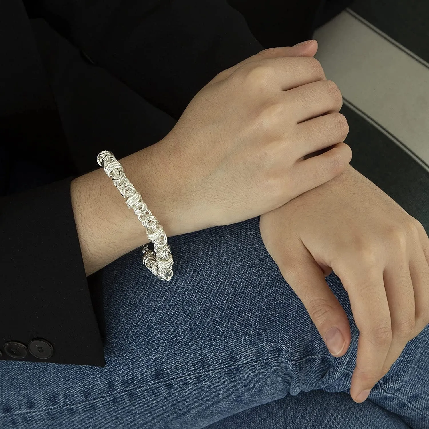 Sterling Silver Byzantine and Ring Bracelet for Men, Polished Finish, 10mm, 24.50g, 8.5" - Ideal for Gifts, Comes in a Presentation Gift Box