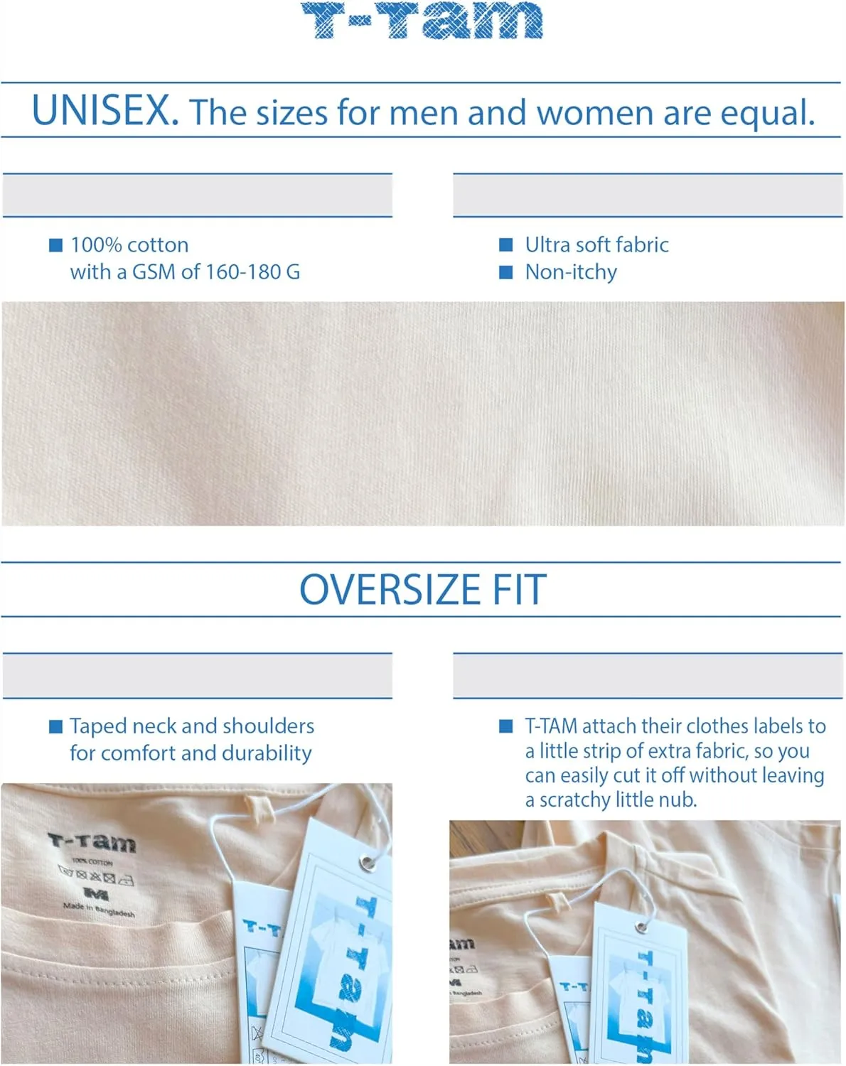 T-TAM Unisex Oversized T-Shirt for Women & Men - 100% Soft Cotton Crew Neck Short Sleeve - Basic Tee Shirt