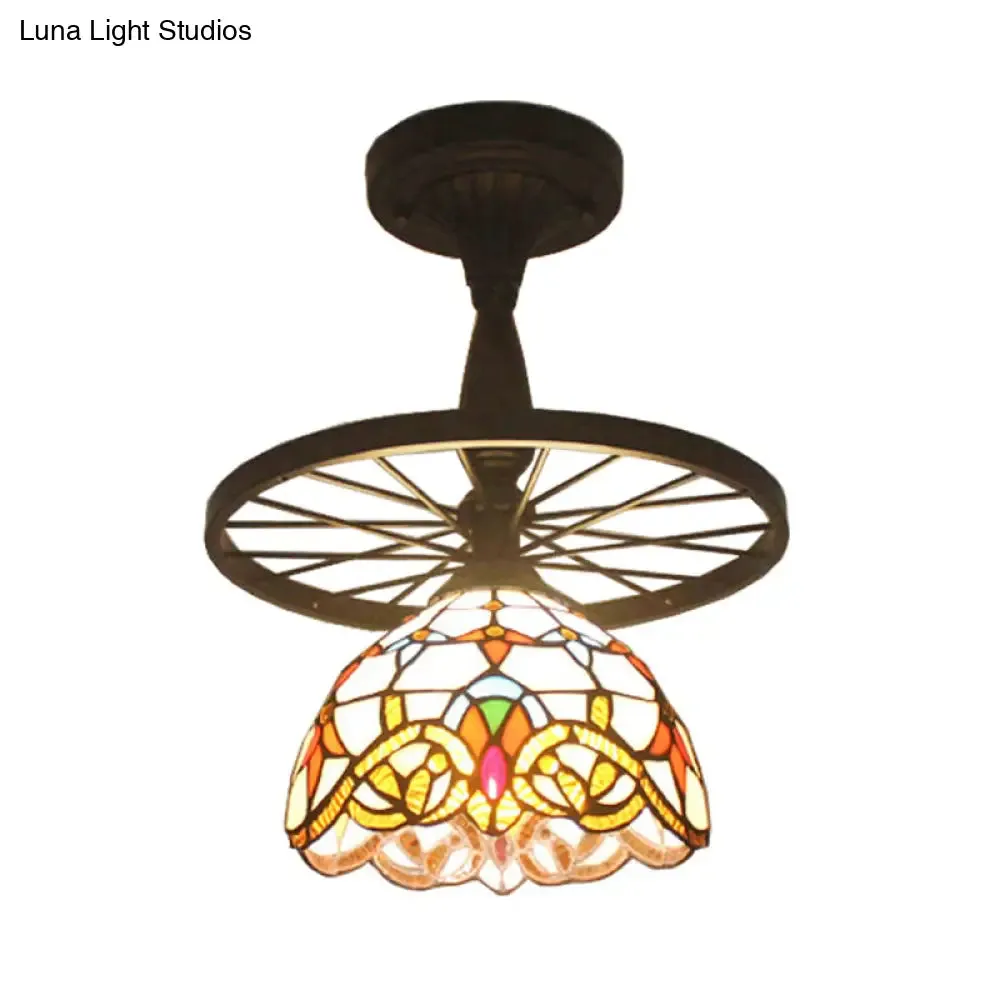 Tiffany Domed Semi Flush Mount Light: Wheel 1 Bulb Stained Glass Ceiling Light (Orange/Beige) for Bedroom