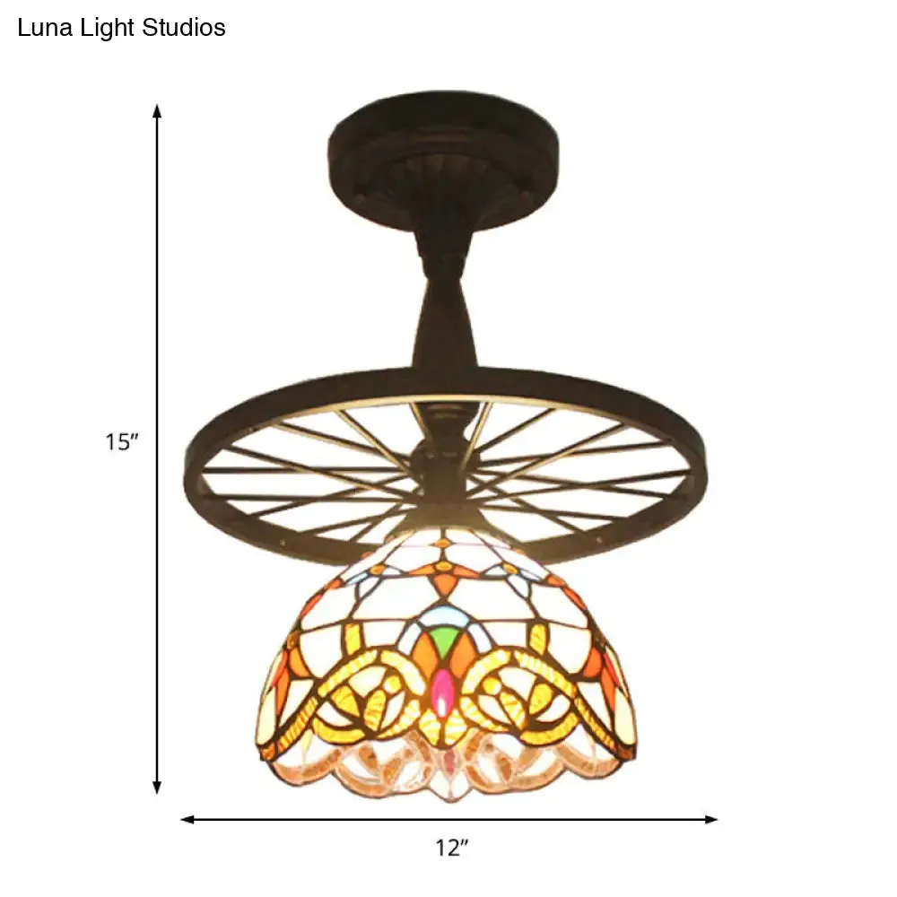 Tiffany Domed Semi Flush Mount Light: Wheel 1 Bulb Stained Glass Ceiling Light (Orange/Beige) for Bedroom