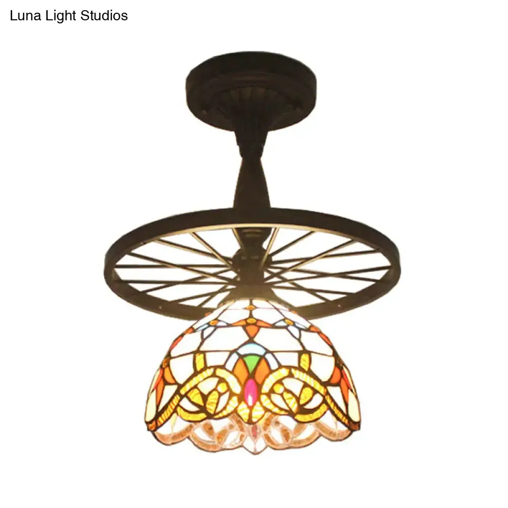 Tiffany Domed Semi Flush Mount Light: Wheel 1 Bulb Stained Glass Ceiling Light (Orange/Beige) for Bedroom