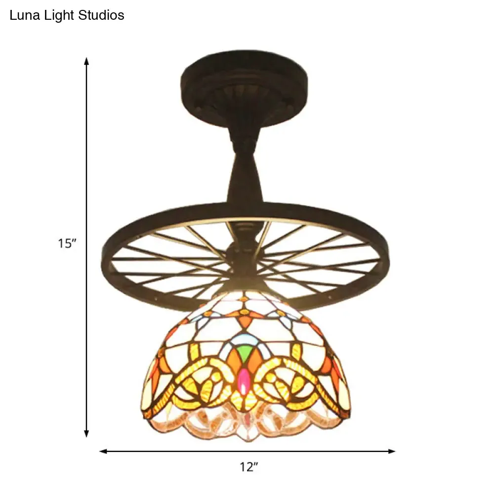 Tiffany Domed Semi Flush Mount Light: Wheel 1 Bulb Stained Glass Ceiling Light (Orange/Beige) for Bedroom