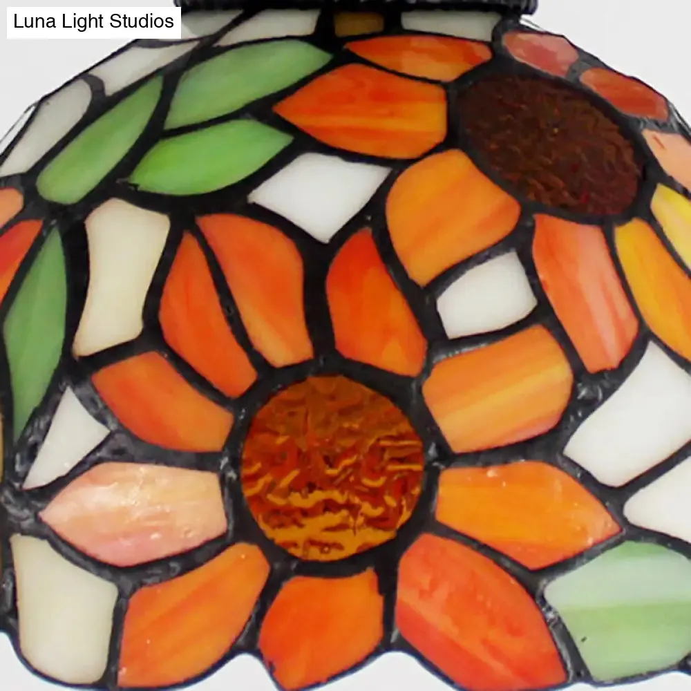 Tiffany Domed Semi Flush Mount Light: Wheel 1 Bulb Stained Glass Ceiling Light (Orange/Beige) for Bedroom