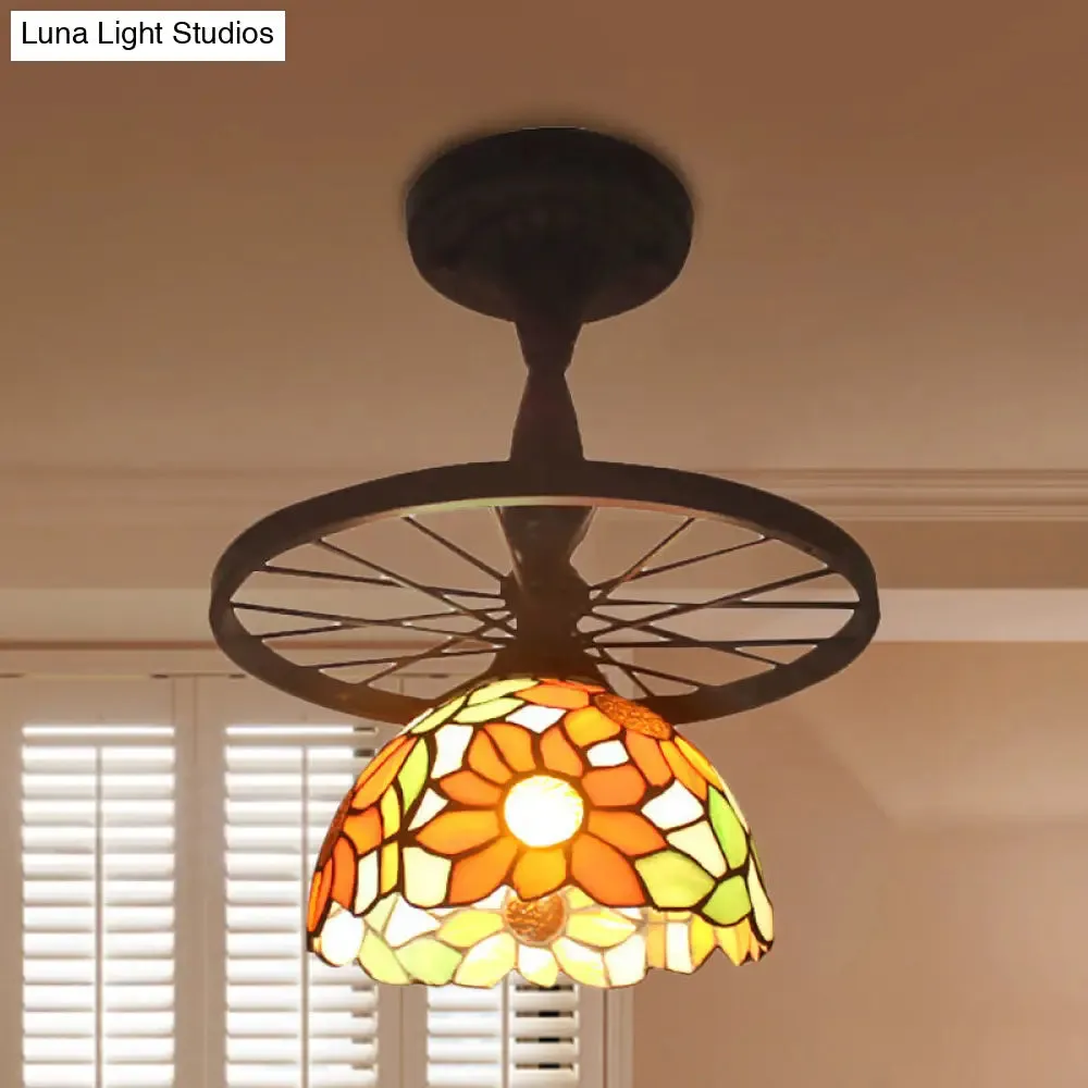 Tiffany Domed Semi Flush Mount Light: Wheel 1 Bulb Stained Glass Ceiling Light (Orange/Beige) for Bedroom
