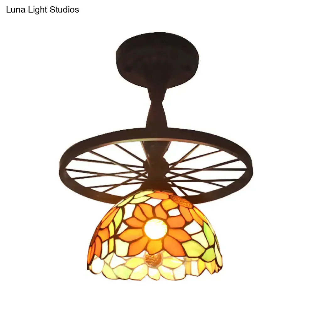 Tiffany Domed Semi Flush Mount Light: Wheel 1 Bulb Stained Glass Ceiling Light (Orange/Beige) for Bedroom