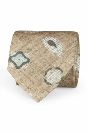 TOKYO - Beige Melange effect paisley and diamonds printed silk tie