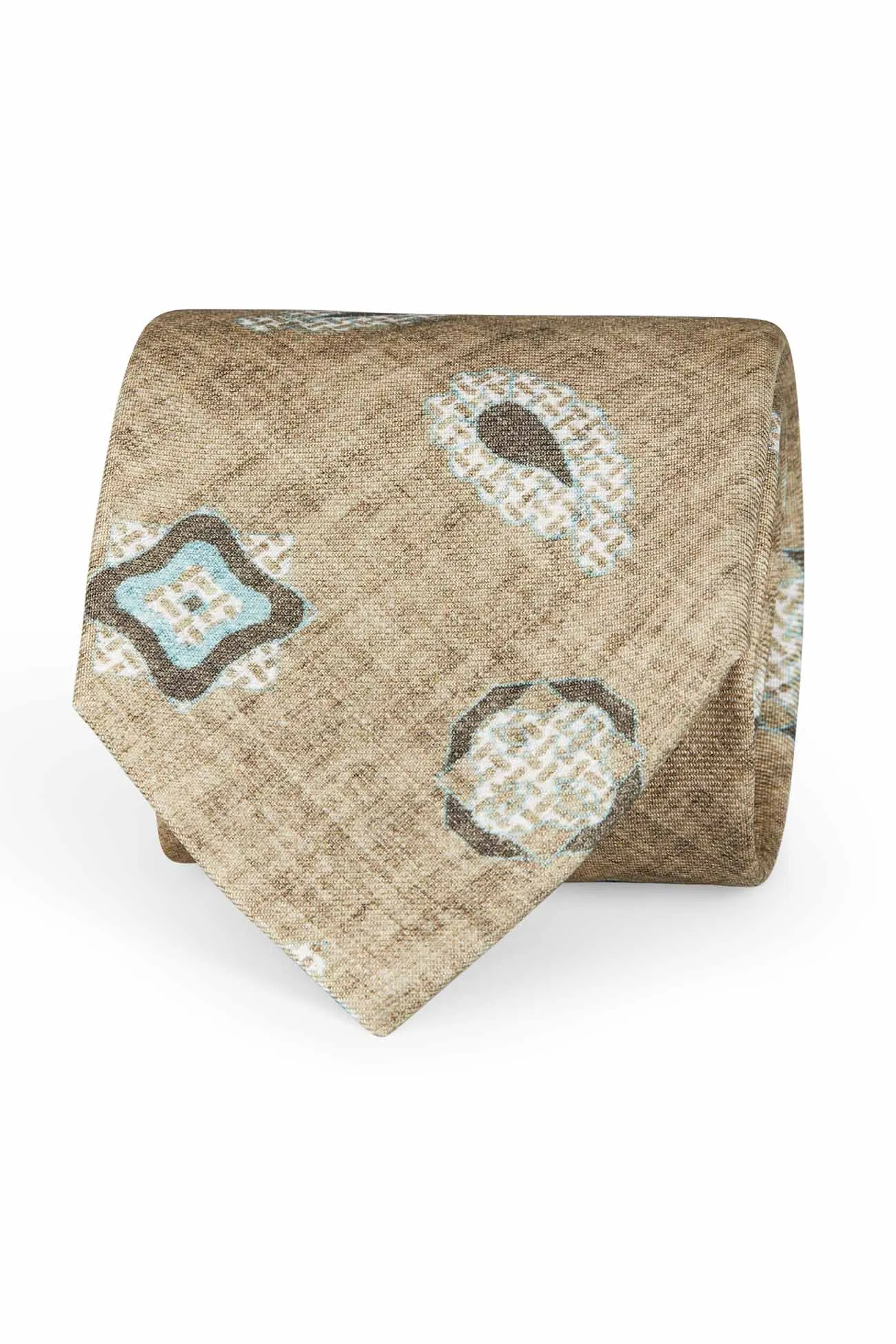 TOKYO - Beige Melange effect paisley and diamonds printed silk tie