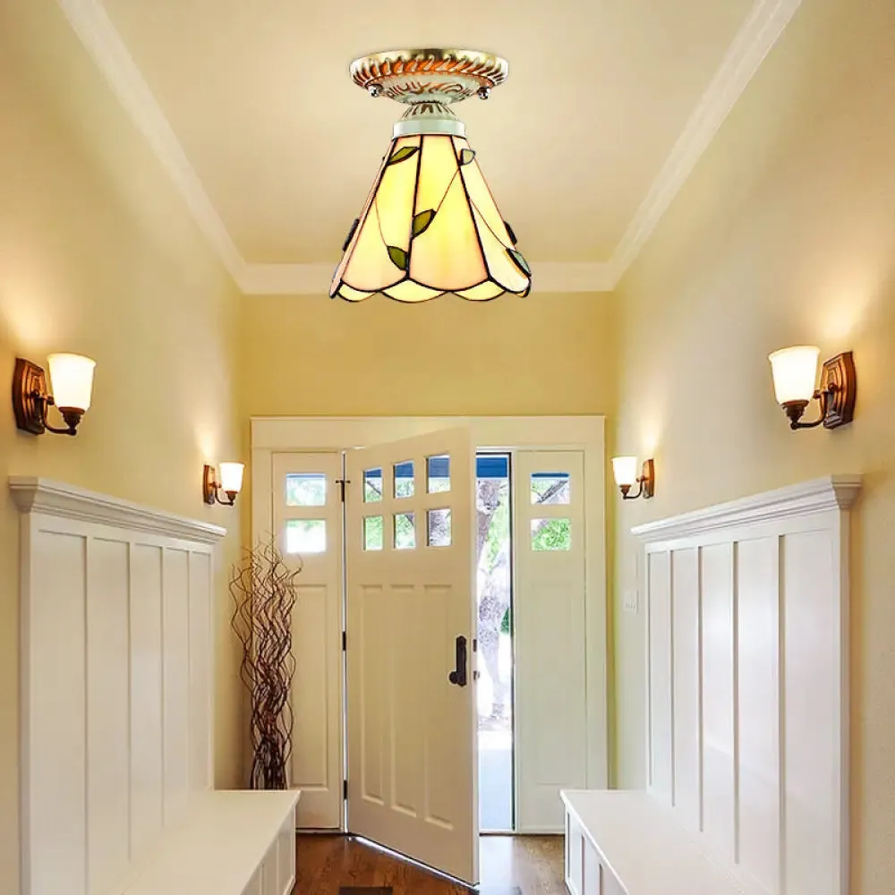 Vintage Conic Stained Glass Ceiling Light in Blue/Beige for Hallway