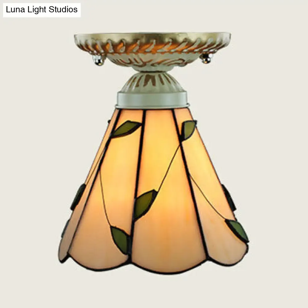 Vintage Conic Stained Glass Ceiling Light in Blue/Beige for Hallway