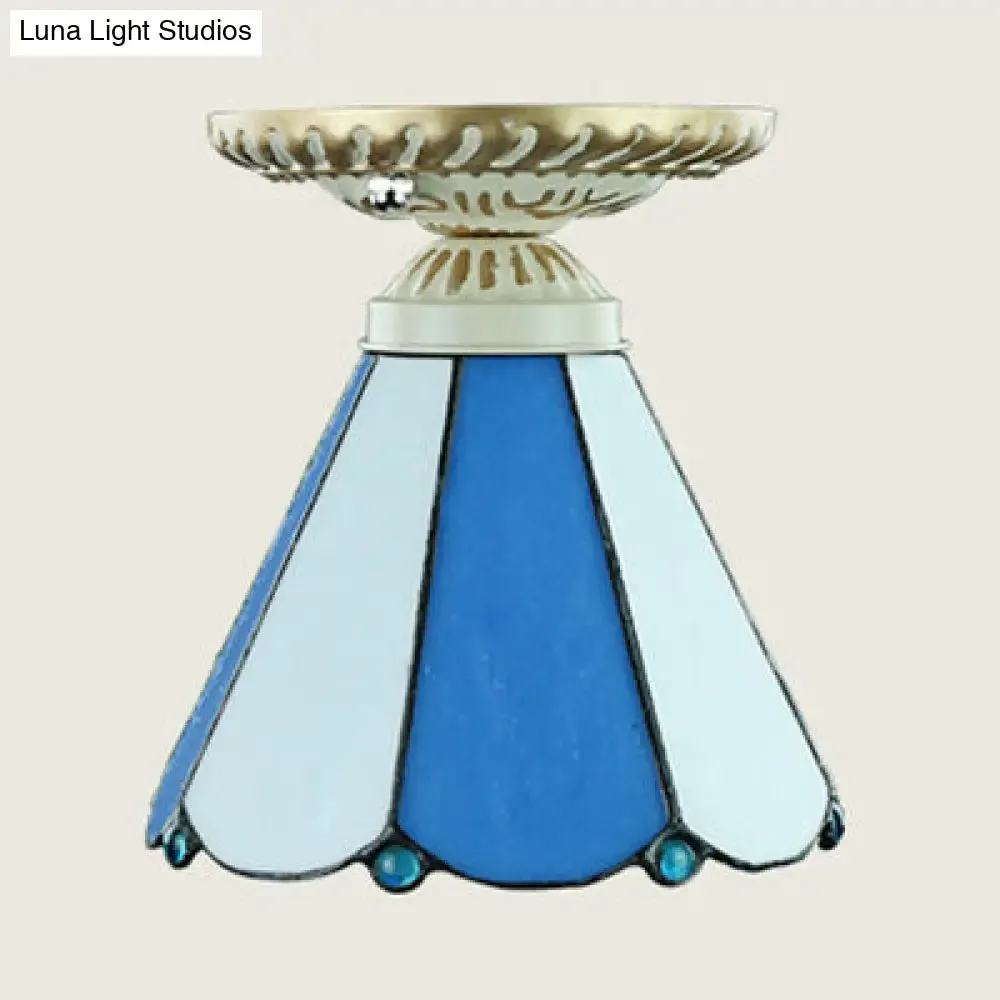Vintage Conic Stained Glass Ceiling Light in Blue/Beige for Hallway
