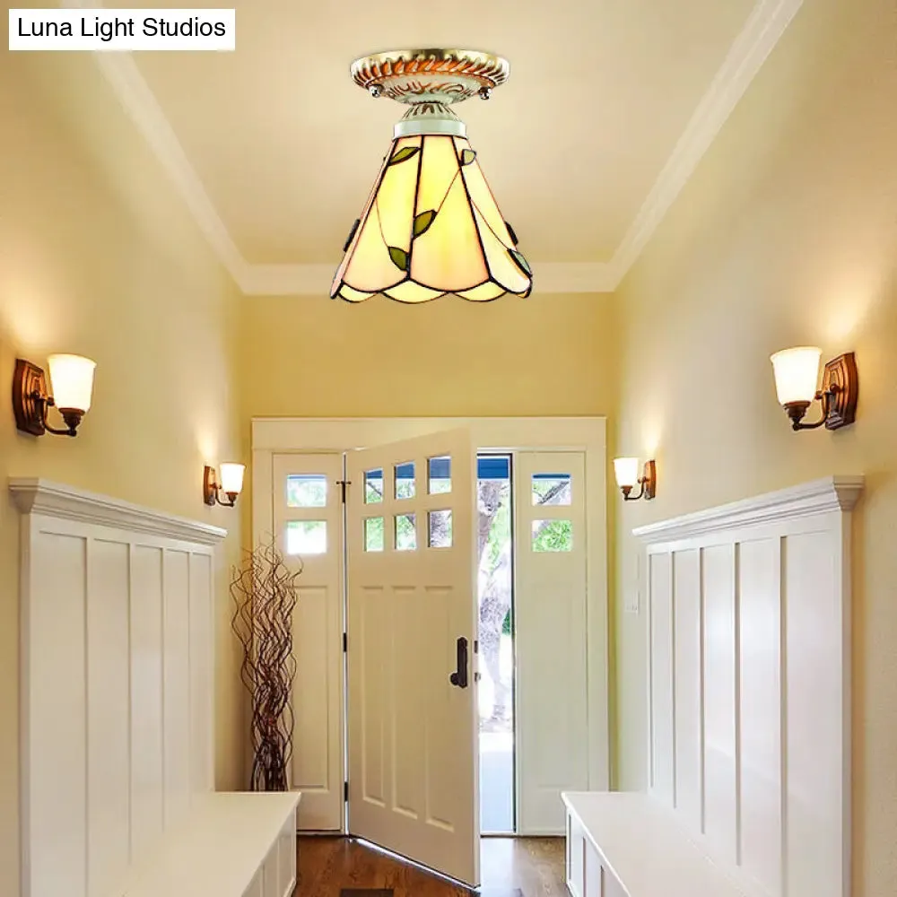 Vintage Conic Stained Glass Ceiling Light in Blue/Beige for Hallway