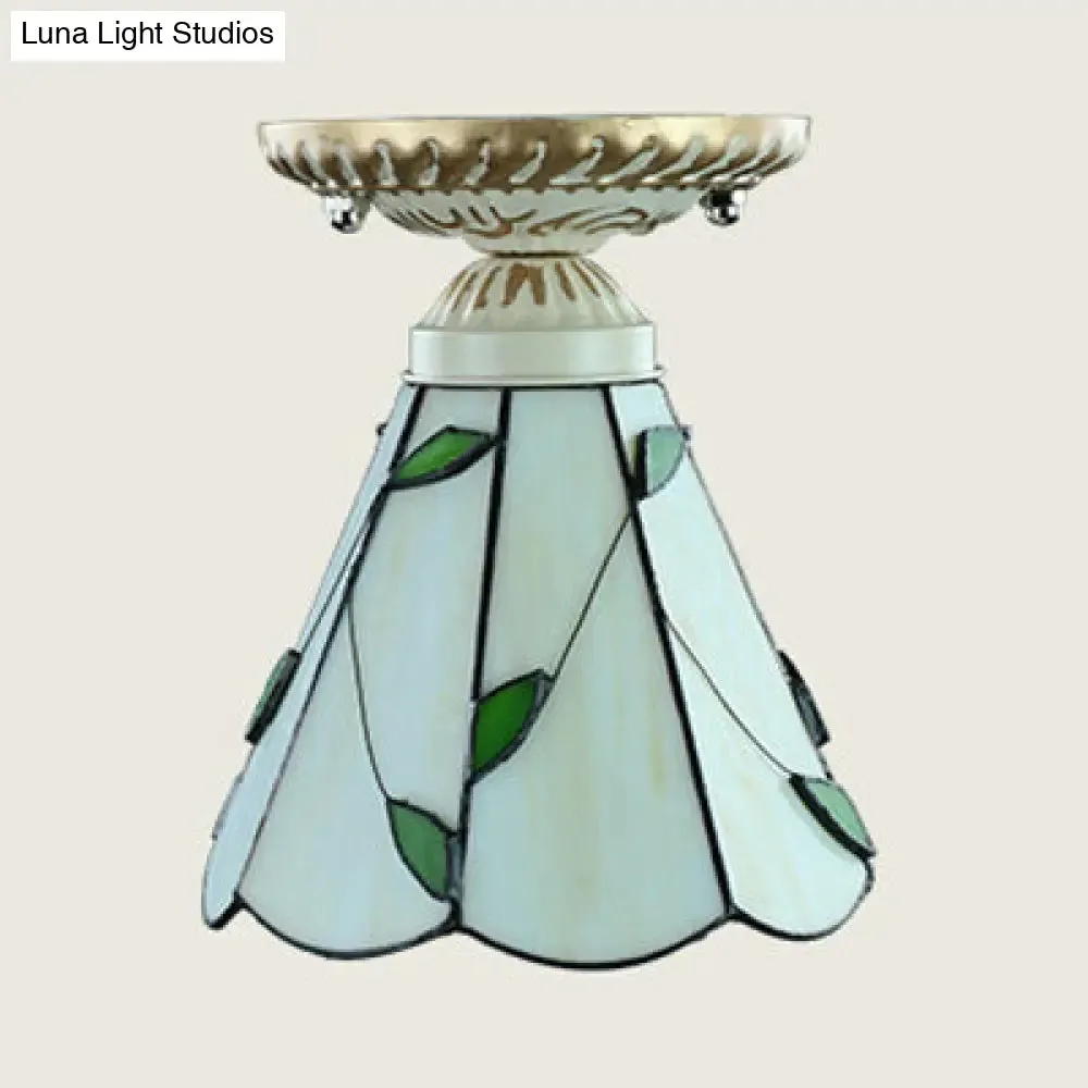 Vintage Conic Stained Glass Ceiling Light in Blue/Beige for Hallway