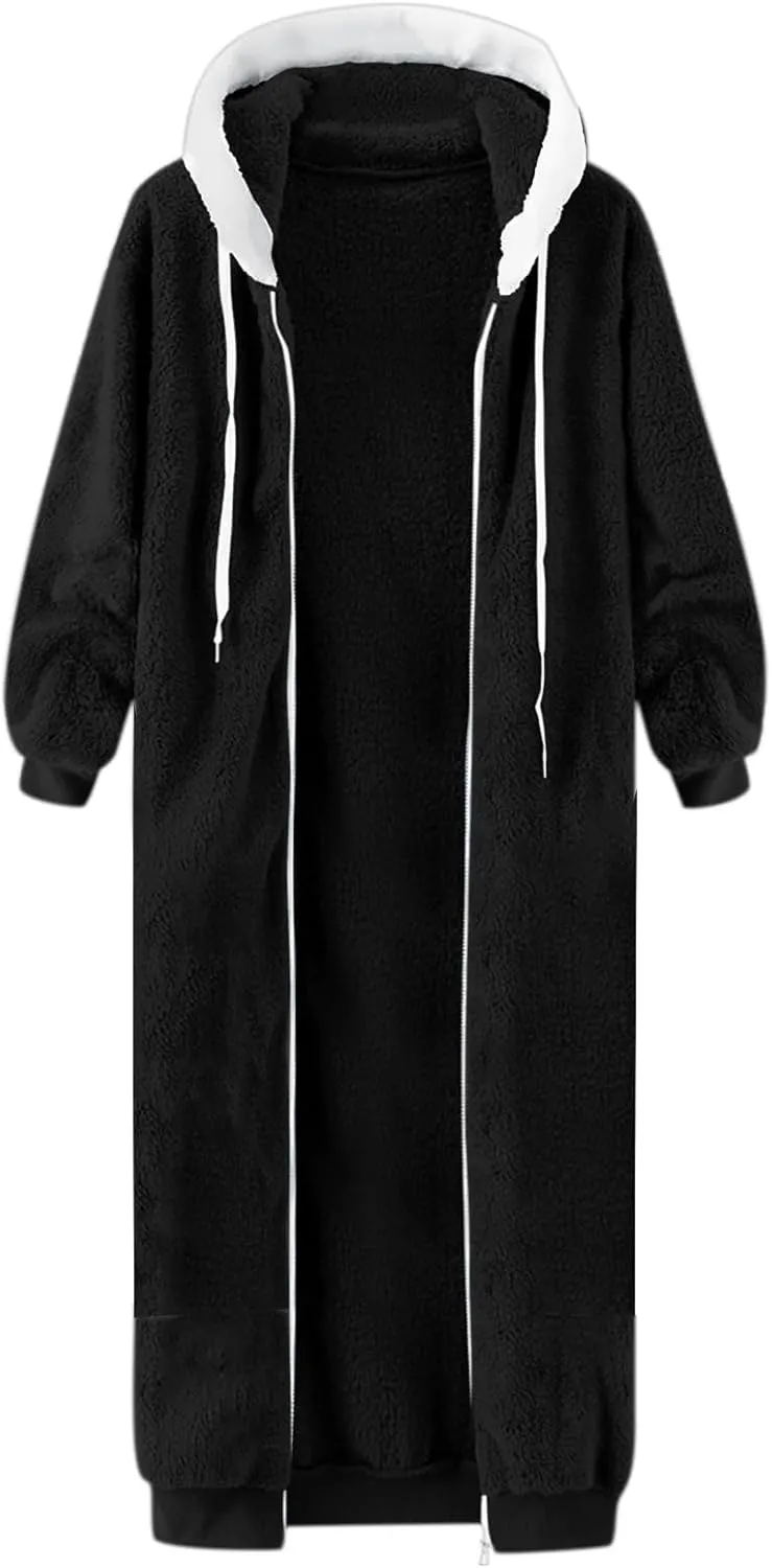 Winter Coats For Women,Women'S Solid Fleece Long Hooded Jacket Fuzzy Zipper Sherpa Outerwear Fall Clothes