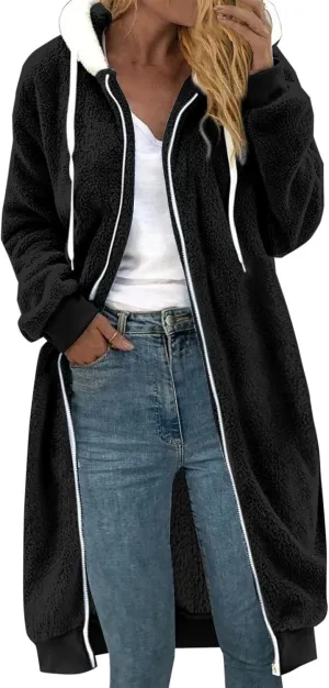 Winter Coats For Women,Women'S Solid Fleece Long Hooded Jacket Fuzzy Zipper Sherpa Outerwear Fall Clothes