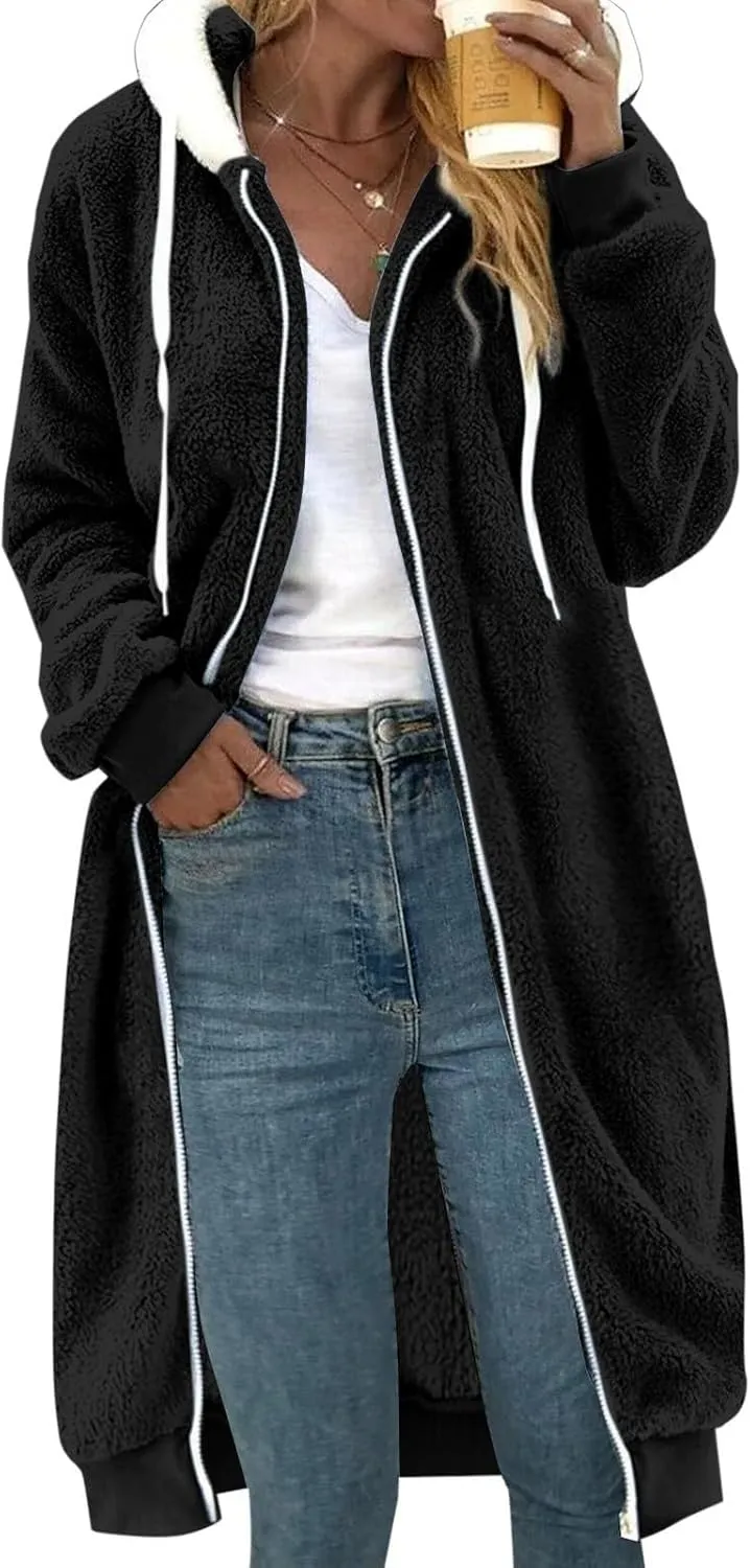 Winter Coats For Women,Women'S Solid Fleece Long Hooded Jacket Fuzzy Zipper Sherpa Outerwear Fall Clothes