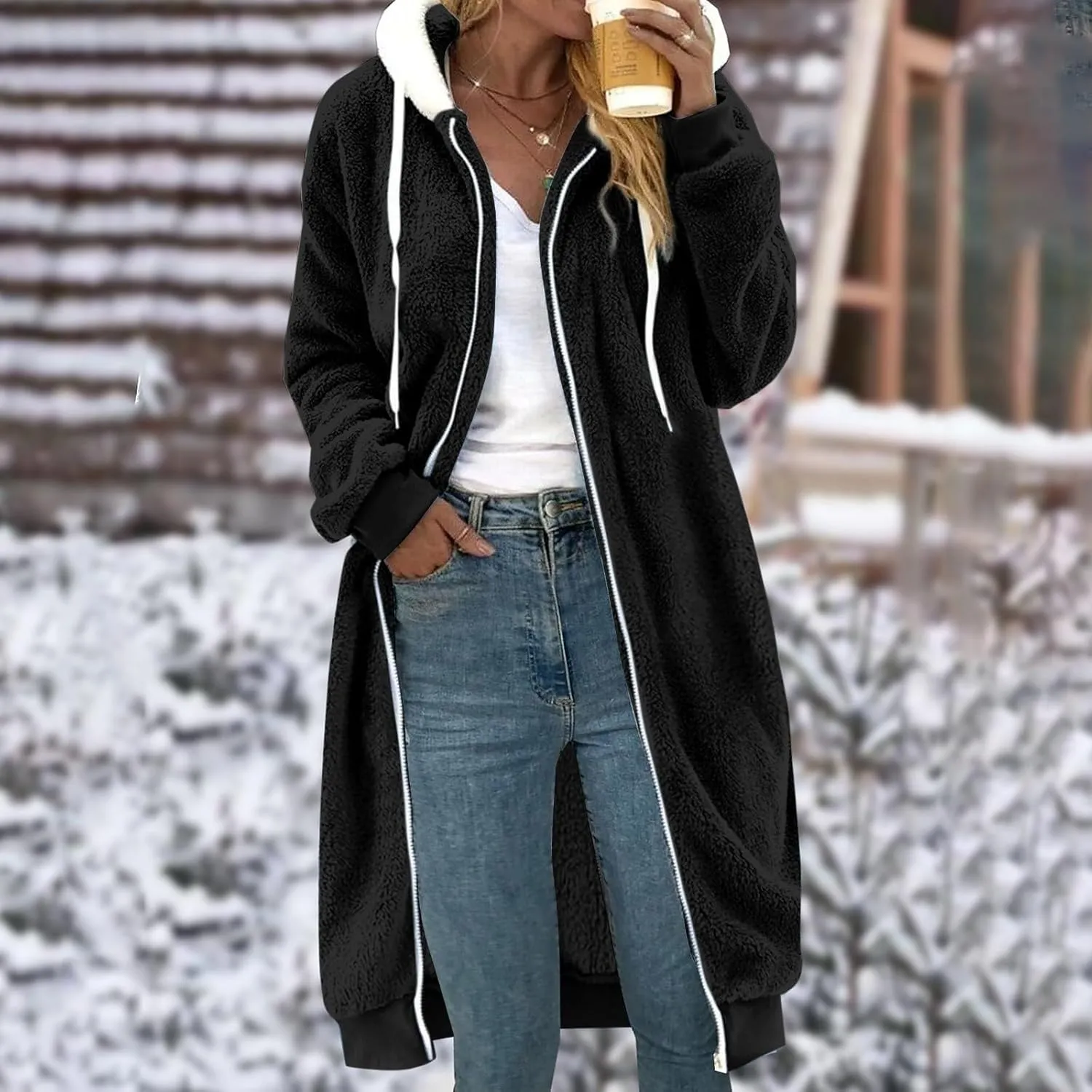 Winter Coats For Women,Women'S Solid Fleece Long Hooded Jacket Fuzzy Zipper Sherpa Outerwear Fall Clothes