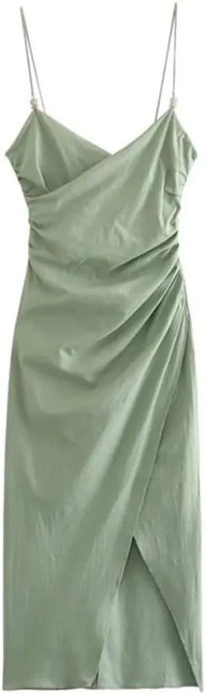 Women Sleeveless Casual Slip Dress V-Neck Solid Pleated Linen-Blend Slim Midi Dresses
