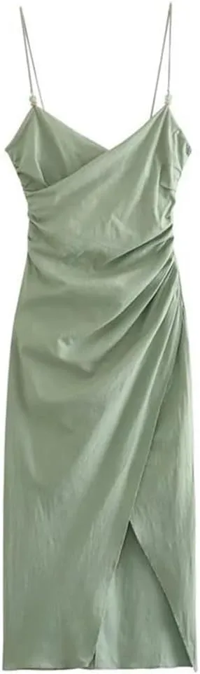 Women Sleeveless Casual Slip Dress V-Neck Solid Pleated Linen-Blend Slim Midi Dresses