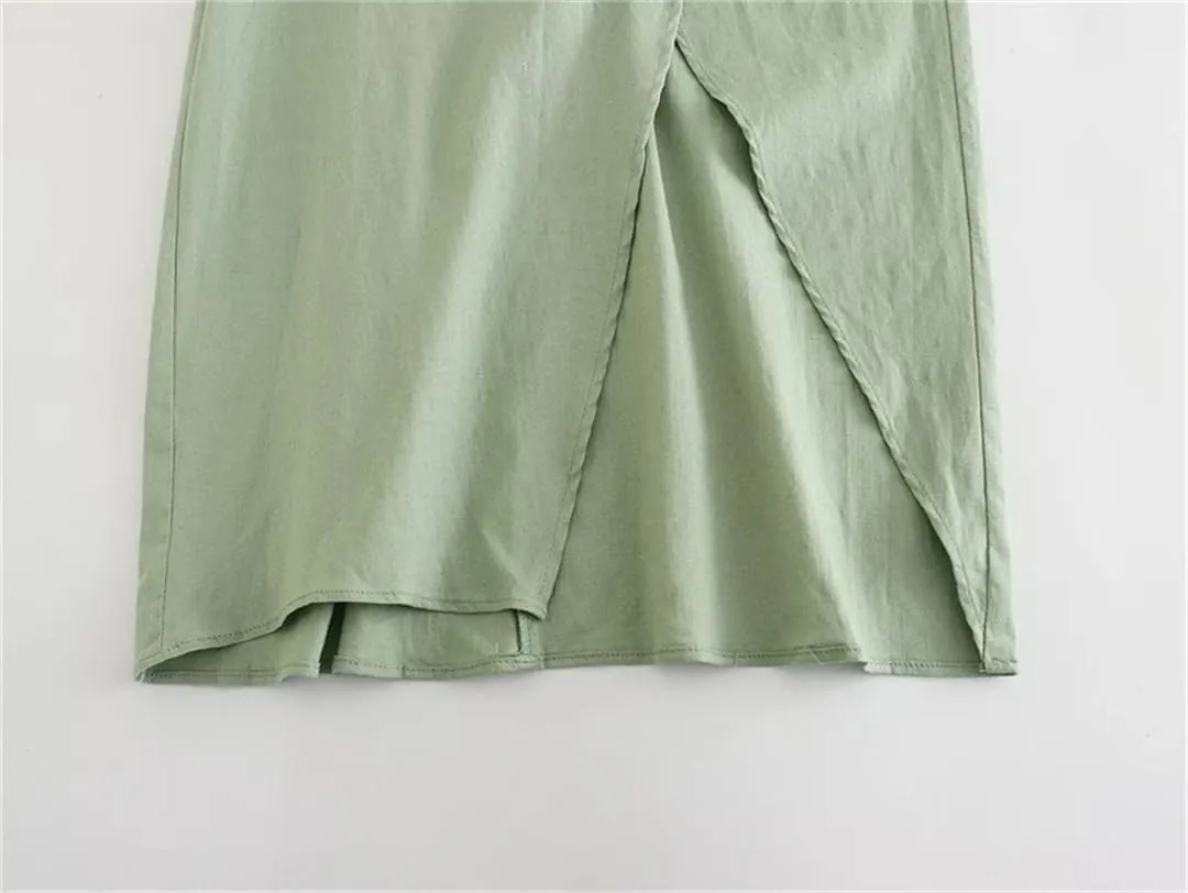 Women Sleeveless Casual Slip Dress V-Neck Solid Pleated Linen-Blend Slim Midi Dresses