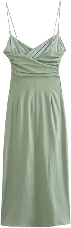 Women Sleeveless Casual Slip Dress V-Neck Solid Pleated Linen-Blend Slim Midi Dresses