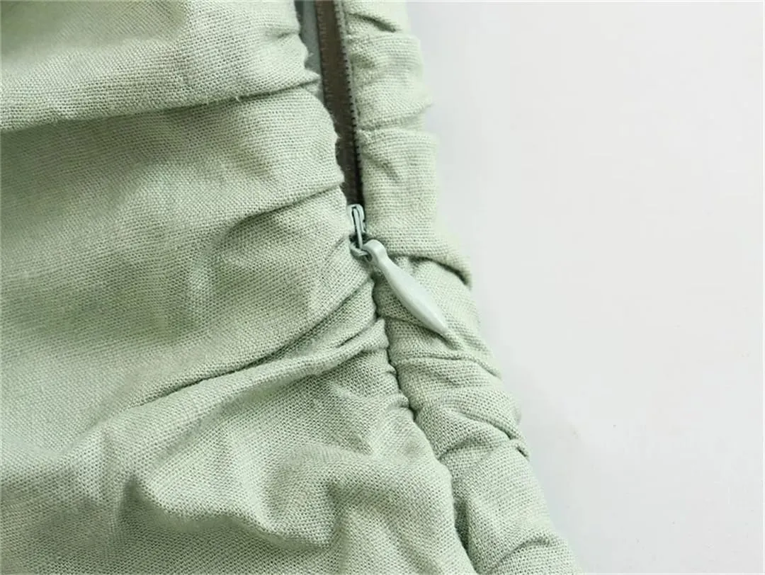 Women Sleeveless Casual Slip Dress V-Neck Solid Pleated Linen-Blend Slim Midi Dresses
